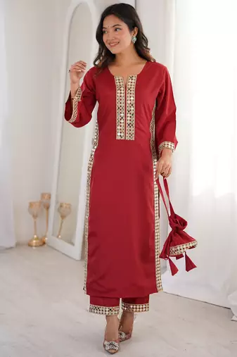 Stylish Maroon Mirror Laced Crepe Wedding Wear Kurti With Pant