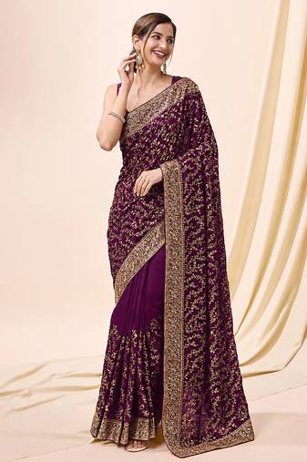Purple vichitra silk blend heavy embroidery designer saree for women