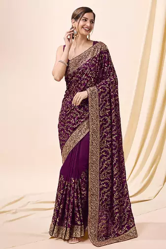Purple vichitra silk blend heavy embroidery designer saree for women