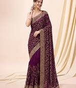 Purple vichitra silk blend heavy embroidery designer saree for women