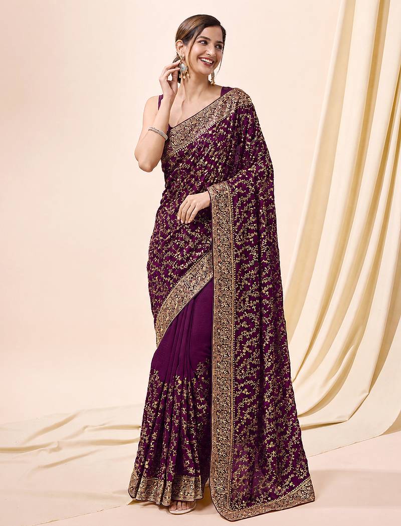 Purple vichitra silk blend heavy embroidery designer saree for women