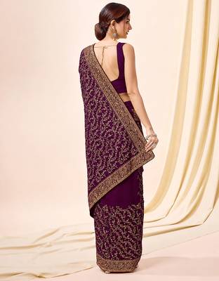 Purple vichitra silk blend heavy embroidery designer saree for women 2