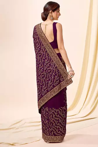 Purple vichitra silk blend heavy embroidery designer saree for women