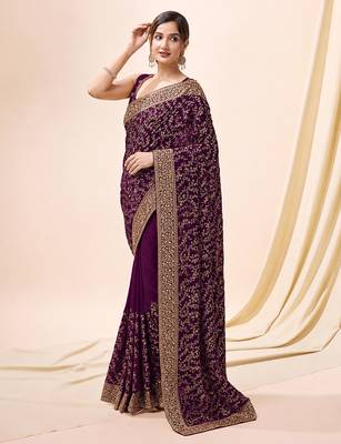 Purple vichitra silk blend heavy embroidery designer saree for women 3