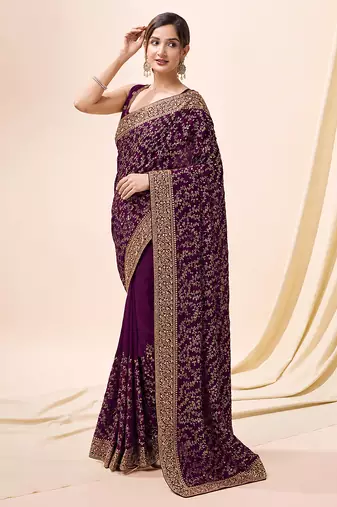 Purple vichitra silk blend heavy embroidery designer saree for women