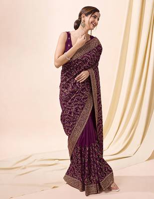 Purple vichitra silk blend heavy embroidery designer saree for women 4