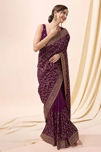 Purple vichitra silk blend heavy embroidery designer saree for women