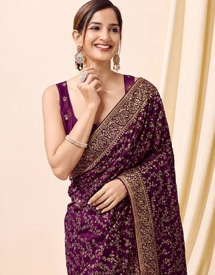 Purple vichitra silk blend heavy embroidery designer saree for women 5