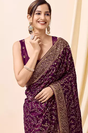 Purple vichitra silk blend heavy embroidery designer saree for women