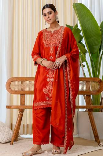 Floral embroidered silk blend round neck kurta trouser & dupatta set