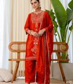 Floral embroidered silk blend round neck kurta trouser & dupatta set