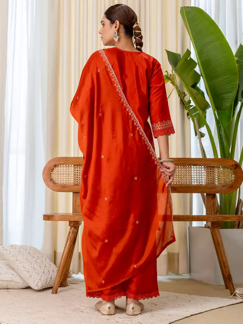 Floral embroidered silk blend round neck kurta trouser & dupatta set