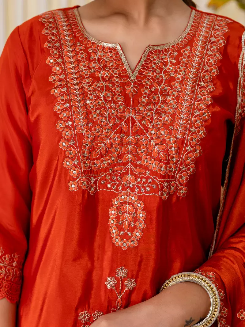 Floral embroidered silk blend round neck kurta trouser & dupatta set