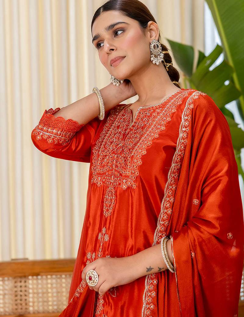Floral embroidered silk blend round neck kurta trouser & dupatta set