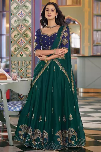 Sparkling Green Thread Embroidery Silk Wedding Wear Lehenga Choli