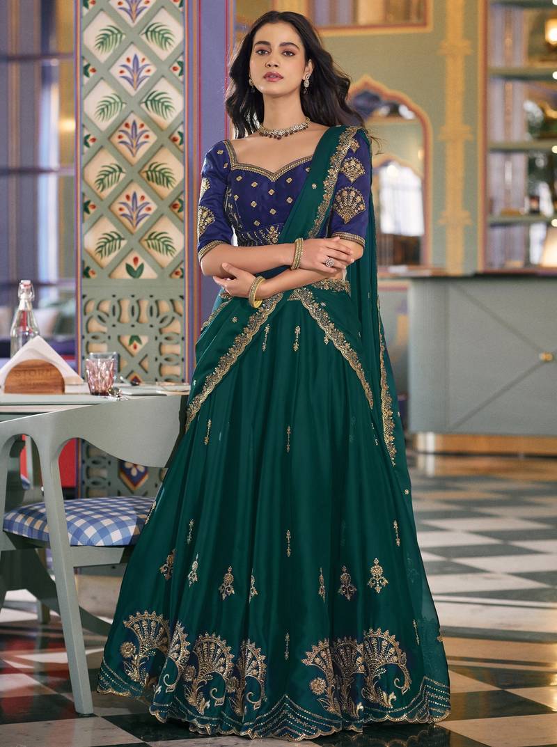 Sparkling Green Thread Embroidery Silk Wedding Wear Lehenga Choli