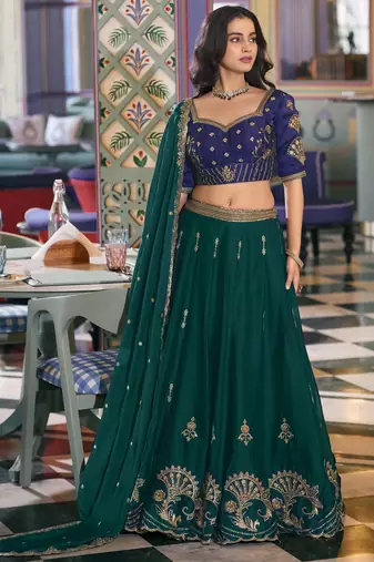 Sparkling Green Thread Embroidery Silk Wedding Wear Lehenga Choli