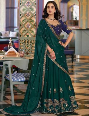 Sparkling Green Thread Embroidery Silk Wedding Wear Lehenga Choli 3