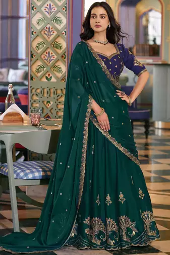 Sparkling Green Thread Embroidery Silk Wedding Wear Lehenga Choli