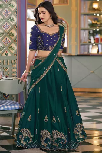 Sparkling Green Thread Embroidery Silk Wedding Wear Lehenga Choli