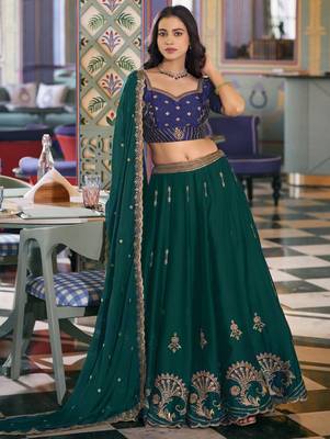Sparkling Green Thread Embroidery Silk Wedding Wear Lehenga Choli 5