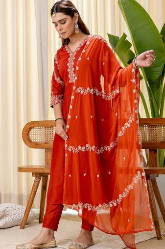 Floral embroidered muslin v neck kurta trouser & dupatta set