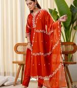 Floral embroidered muslin v neck kurta trouser & dupatta set