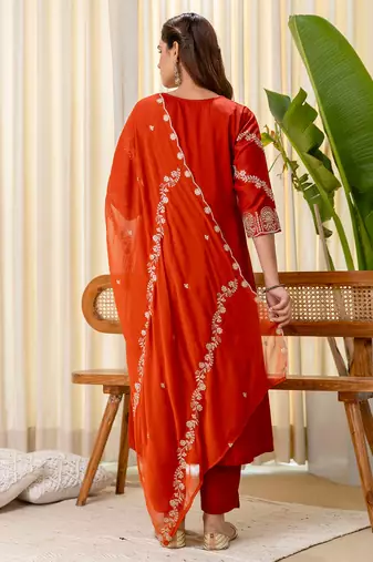 Floral embroidered muslin v neck kurta trouser & dupatta set