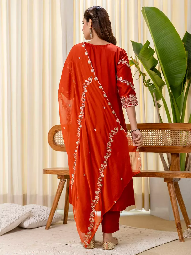 Floral embroidered muslin v neck kurta trouser & dupatta set