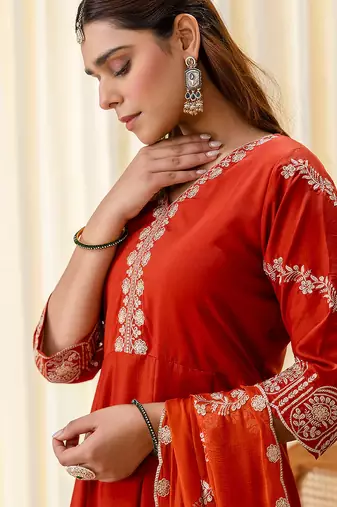 Floral embroidered muslin v neck kurta trouser & dupatta set
