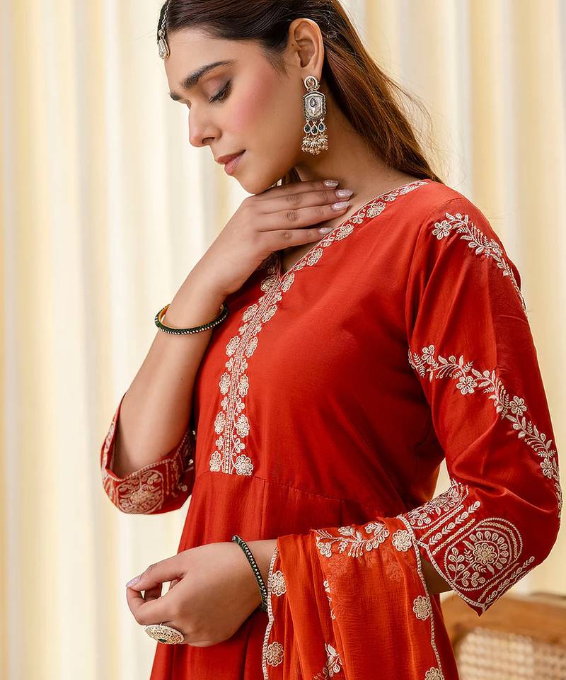 Floral embroidered muslin v neck kurta trouser & dupatta set