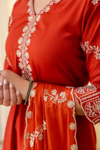 Floral embroidered muslin v neck kurta trouser & dupatta set