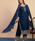 Floral embroidered vichitra silk round neck kurta trouser & dupatta set