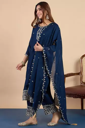 Floral embroidered vichitra silk blend round neck kurta trouser & dupatta set