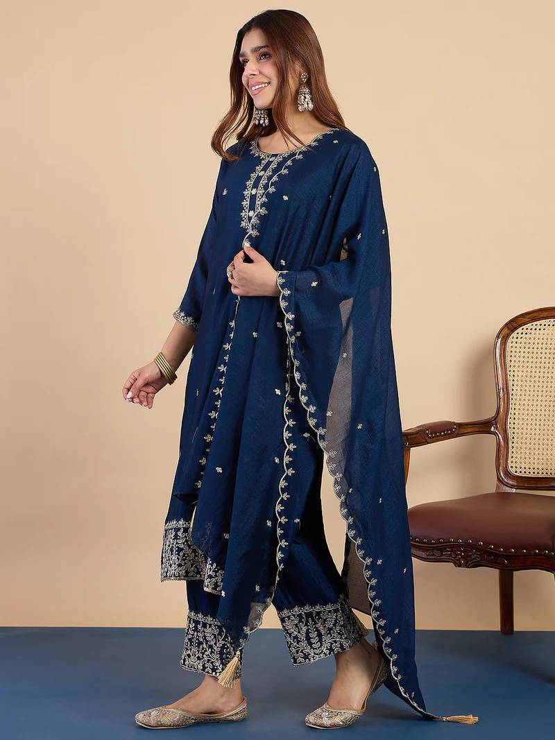 Floral embroidered vichitra silk round neck kurta trouser & dupatta set