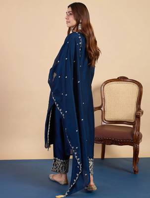 Floral embroidered vichitra silk blend round neck kurta trouser & dupatta set 3