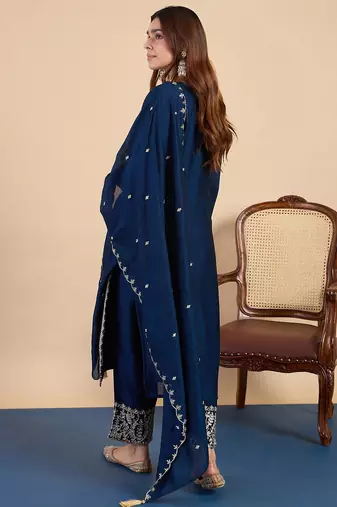 Floral embroidered vichitra silk blend round neck kurta trouser & dupatta set