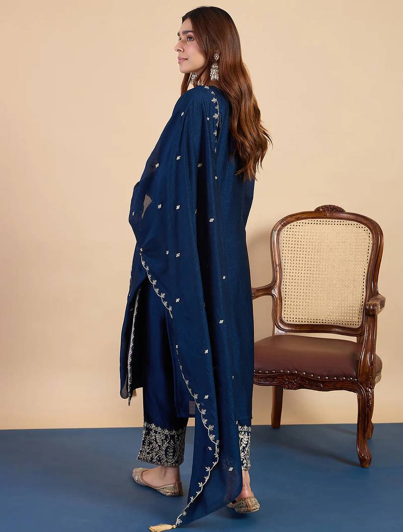 Floral embroidered vichitra silk round neck kurta trouser & dupatta set