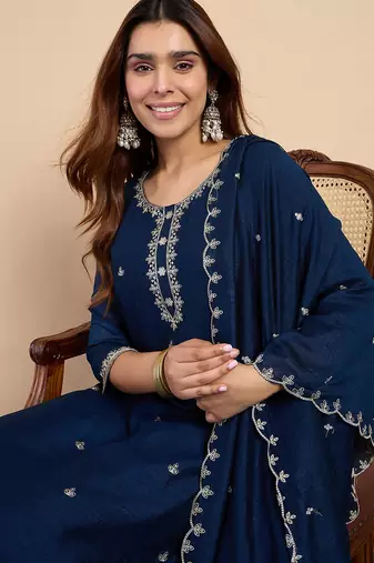 Floral embroidered vichitra silk blend round neck kurta trouser & dupatta set