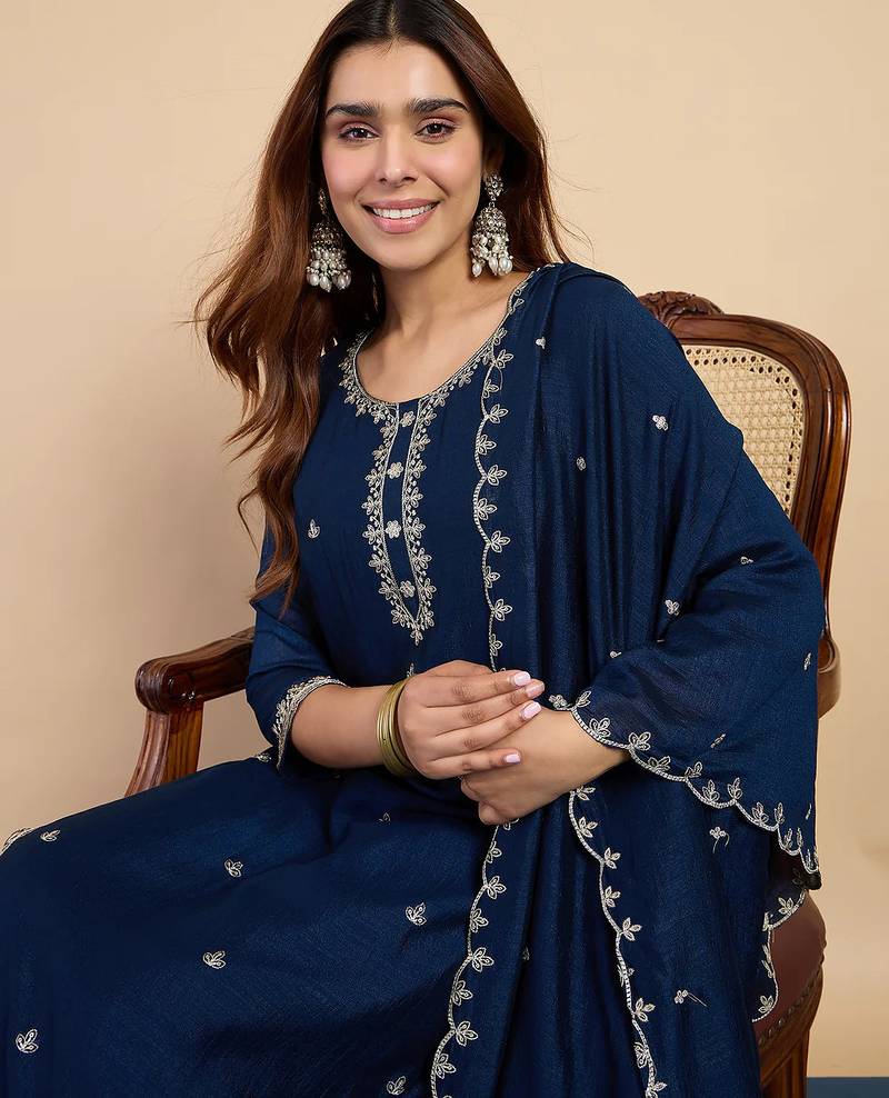 Floral embroidered vichitra silk round neck kurta trouser & dupatta set