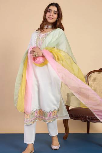 Floral embroidered muslin v neck kurta trouser & dupatta set