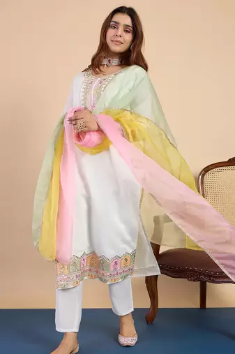 Floral embroidered muslin v neck kurta trouser & dupatta set