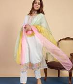 Floral embroidered muslin v neck kurta trouser & dupatta set