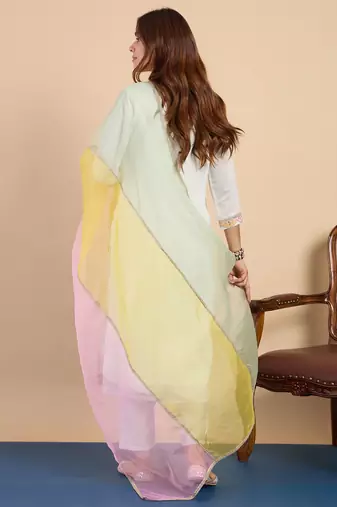 Floral embroidered muslin v neck kurta trouser & dupatta set