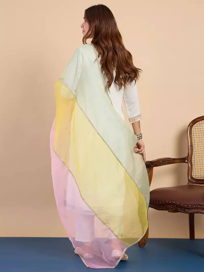 Floral embroidered muslin v neck kurta trouser & dupatta set