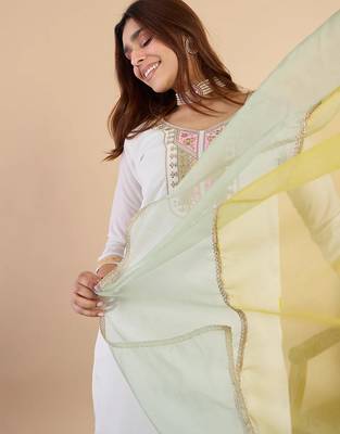 Floral embroidered muslin v neck kurta trouser & dupatta set 3