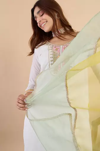 Floral embroidered muslin v neck kurta trouser & dupatta set