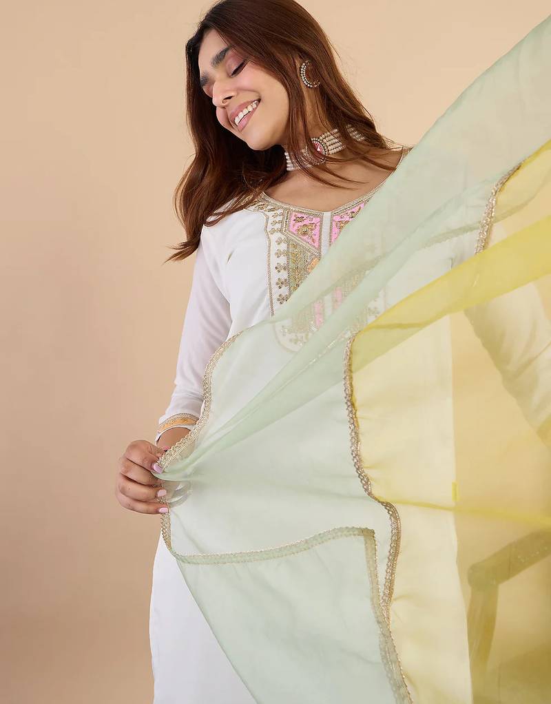 Floral embroidered muslin v neck kurta trouser & dupatta set