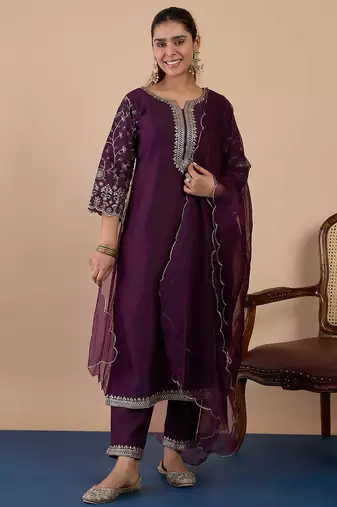 Floral embroidered muslin round neck kurta trouser & dupatta set