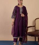 Floral embroidered muslin round neck kurta trouser & dupatta set